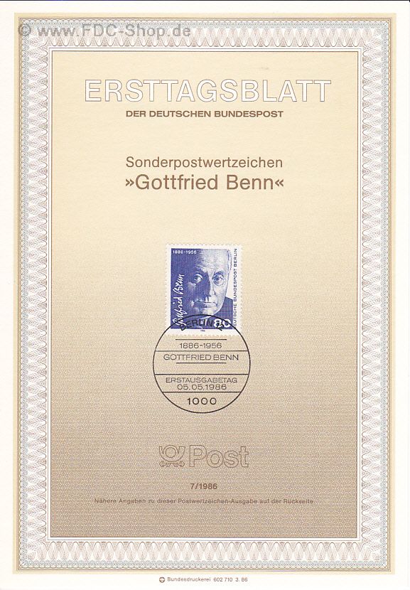 Ersttagsblatt Berlin (07/1986) Mi-Nr: 760, 100. Geburtstag von Gottfried Benn