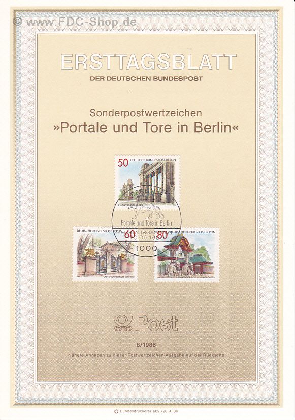 Ersttagsblatt Berlin (08/1986) Mi-Nr: 761-763, Portale und Tore in Berlin