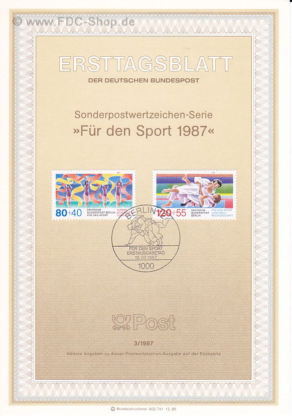 Ersttagsblatt Berlin (03/1987) Mi-Nr: 777-778, Sporthilfe: Deutsches Turnfest, Berlin; Judo-Weltmeisterschaften, Essen