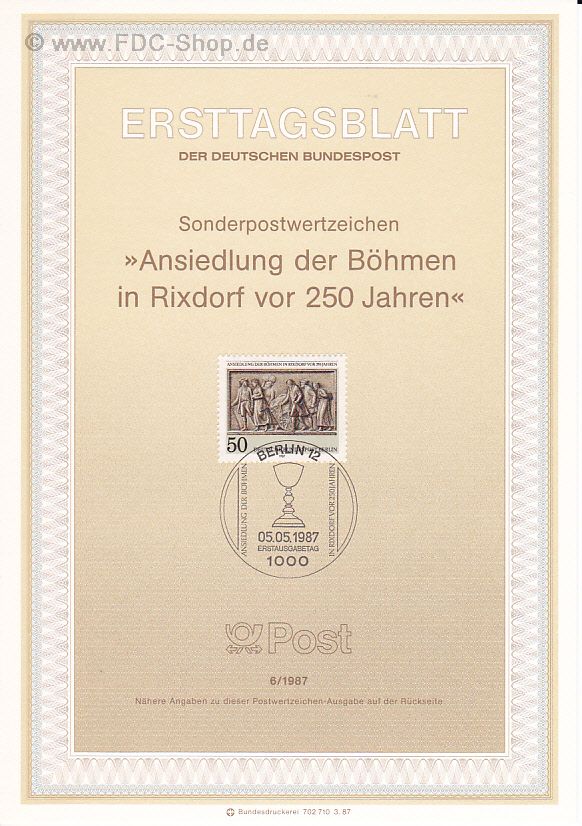 Ersttagsblatt Berlin (06/1987) Mi-Nr: 784, Ansiedlung der Böhmen in Rixdorf von 250 Jahren