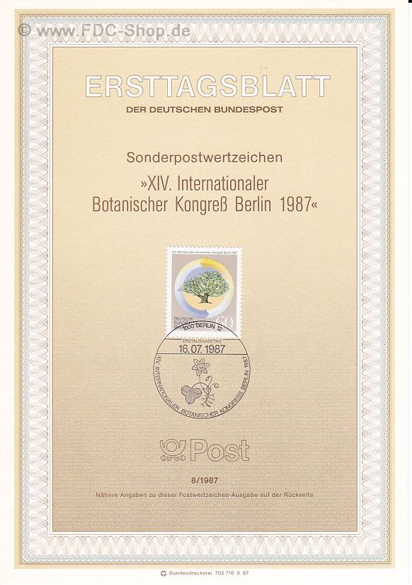 Ersttagsblatt Berlin (08/1987) Mi-Nr: 786, Internationaler Botanischer Kongreß, Berlin