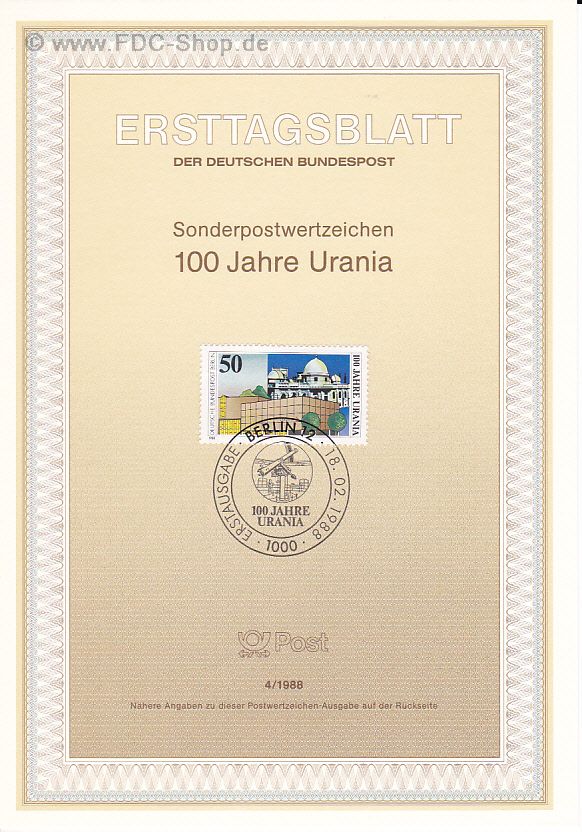 Ersttagsblatt Berlin (04/1988) Mi-Nr: 804, 100 Jahre Urania, Berlin