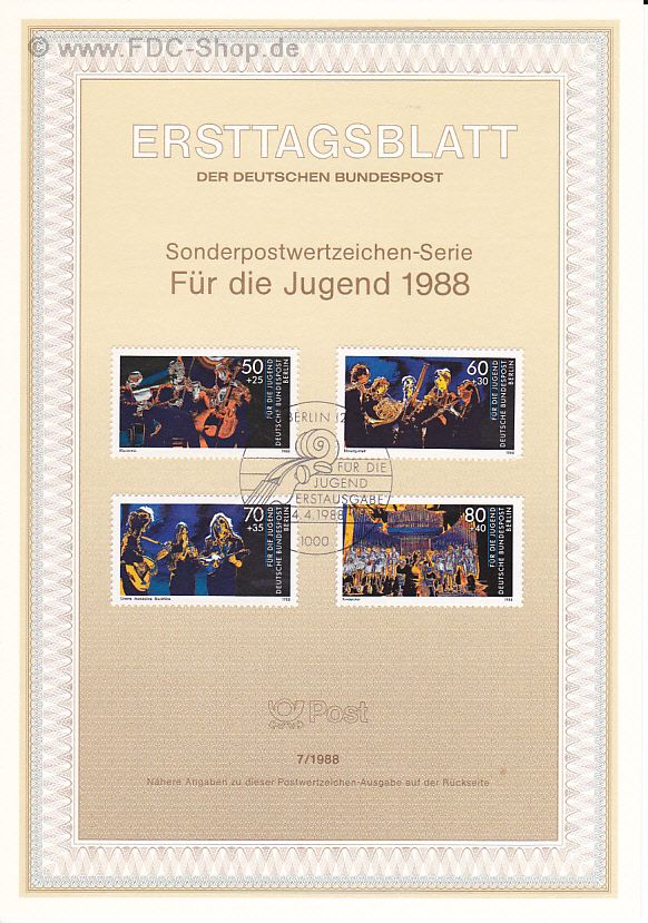 Ersttagsblatt Berlin (07/1988) Mi-Nr: 807-810, Jugend: 25 Jahre Wettbewerb "Jugend musiziert"