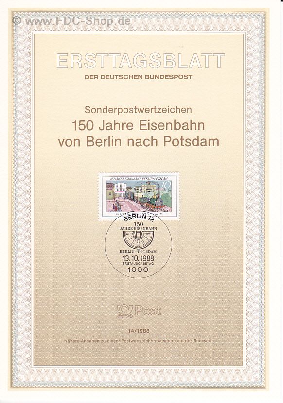 Ersttagsblatt Berlin (14/1988) Mi-Nr: 822, 150 Jahre Eisenbahn Berlin-Potsdam