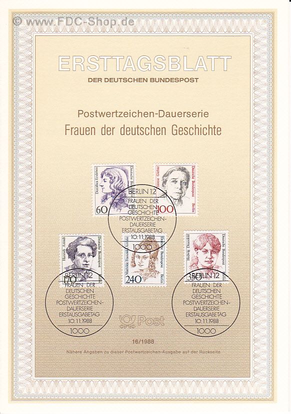 Ersttagsblatt Berlin (16/1988) Mi-Nr: 824-828, Freimarken: Frauen der Deutschen Geschichte