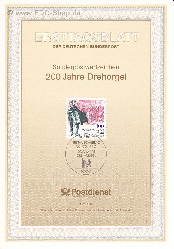 Ersttagsblatt Berlin (09/1990) Mi-Nr: 872, 200 Jahre Drehorgel