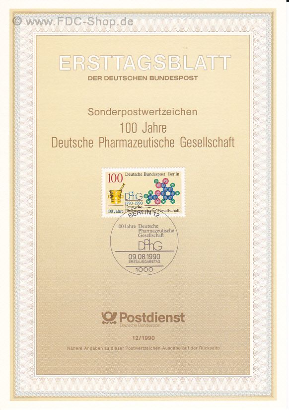 Ersttagsblatt Berlin (12/1990) Mi-Nr: 875, 100 Jahre Deutsche Pharmazeutische Gesellschaft (DPhG)