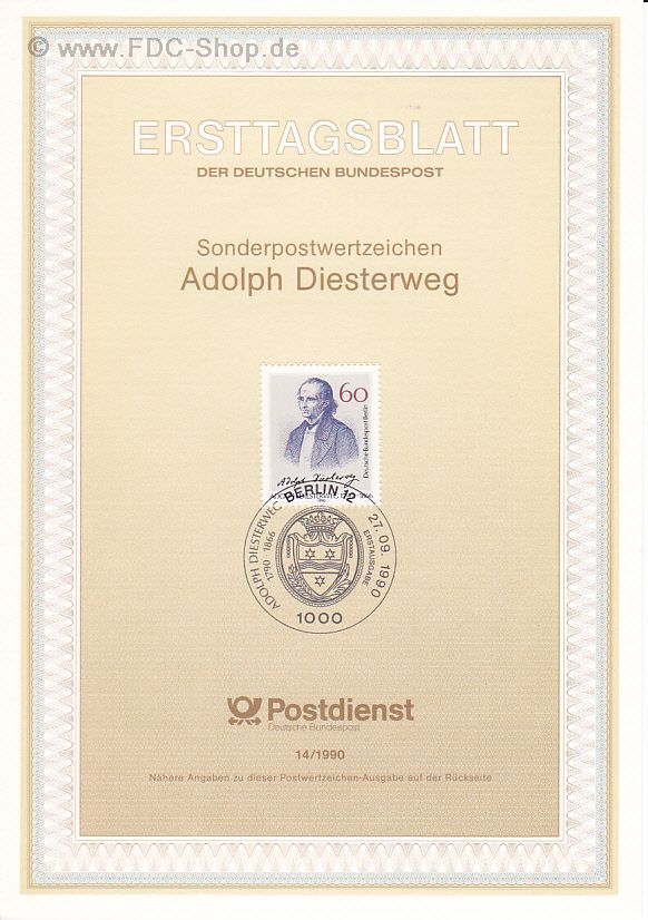 Ersttagsblatt Berlin (14/1990) Mi-Nr: 879, 200. Geburtstag von Adolph Diesterweg