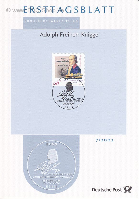 Ersttagsblatt BUND (07/2002) Mi-Nr: 2241, 250. Geburtstag von Adolph Freiherr von Knigge