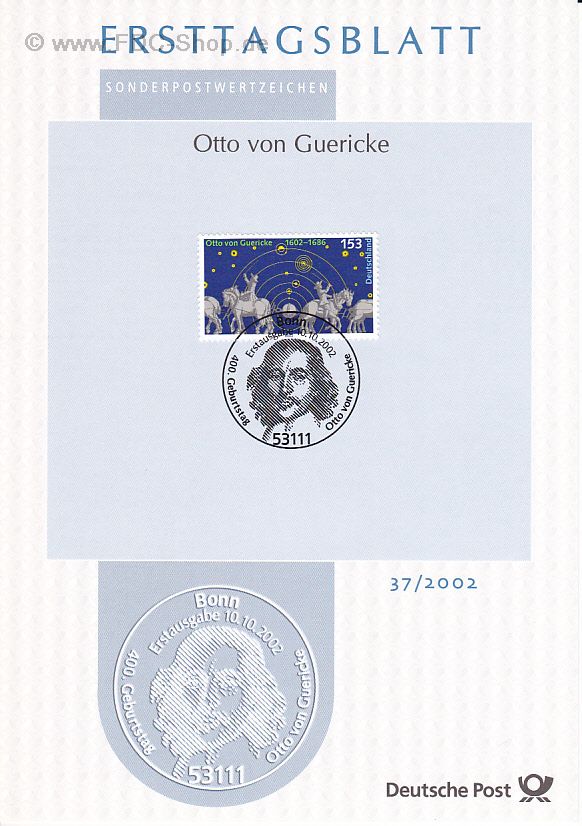 Ersttagsblatt BUND (37/2002) Mi-Nr: 2282, 400. Geburtstag von Otto von Guericke