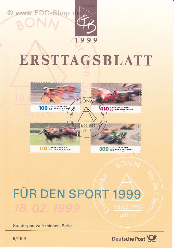 Ersttagsblatt BUND (05/1999) Mi-Nr: 2031-2034, Sporthilfe: Rennsport