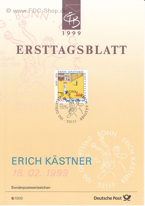 Ersttagsblatt BUND (06/1999) Mi-Nr: 2035, 100. Geburtstag von Erich Kästner