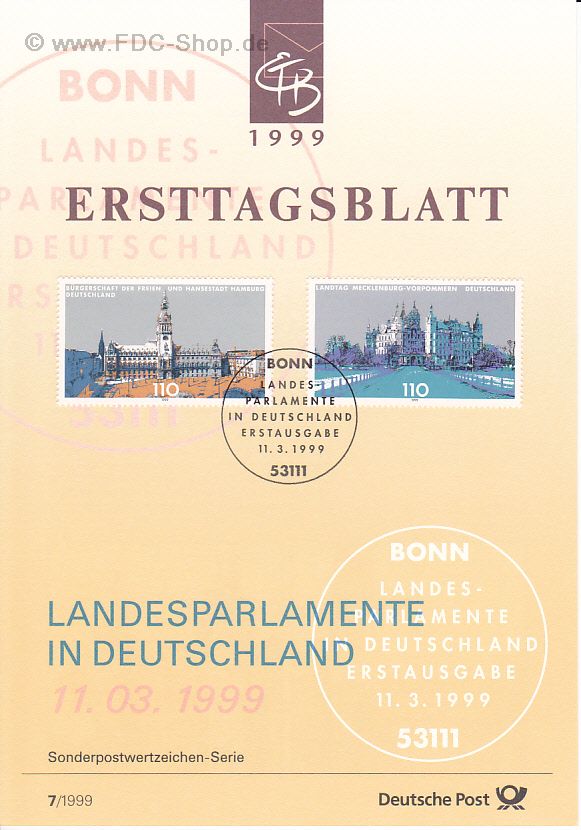 Ersttagsblatt BUND (07/1999) Mi-Nr: 2036-2037, Landesparlamente in Deutschland