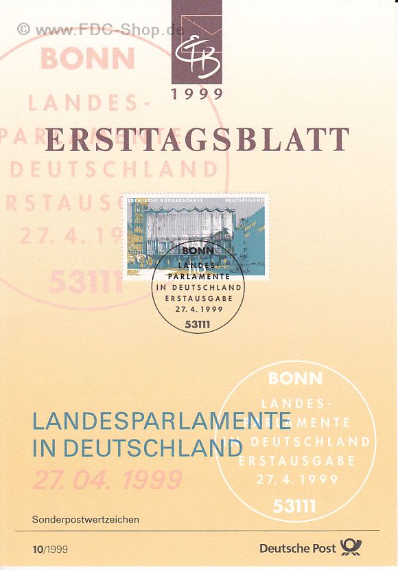 Ersttagsblatt BUND (10/1999) Mi-Nr: 2040, Landesparlamente in Deutschland