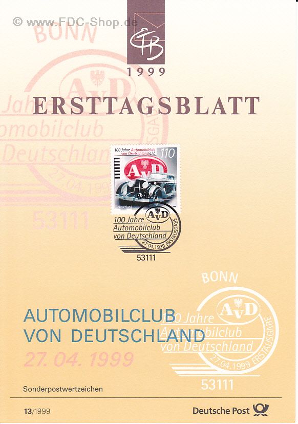 Ersttagsblatt BUND (13/1999) Mi-Nr: 2043, 100 Jahre Automobilclub von Deutschland AvD