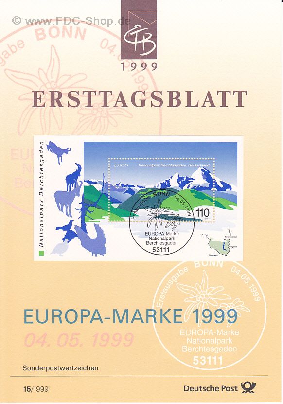 Ersttagsblatt BUND (15/1999) Mi-Nr: 2046, Europa: Natur- und Nationalparks (Block 47)