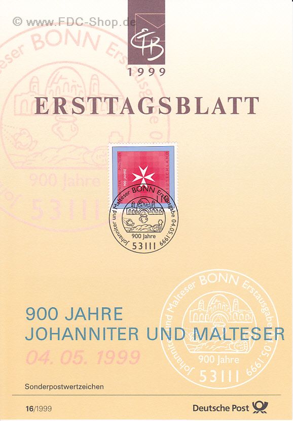 Ersttagsblatt BUND (16/1999) Mi-Nr: 2047, 900 Jahre Johaniter- und Malteserorden