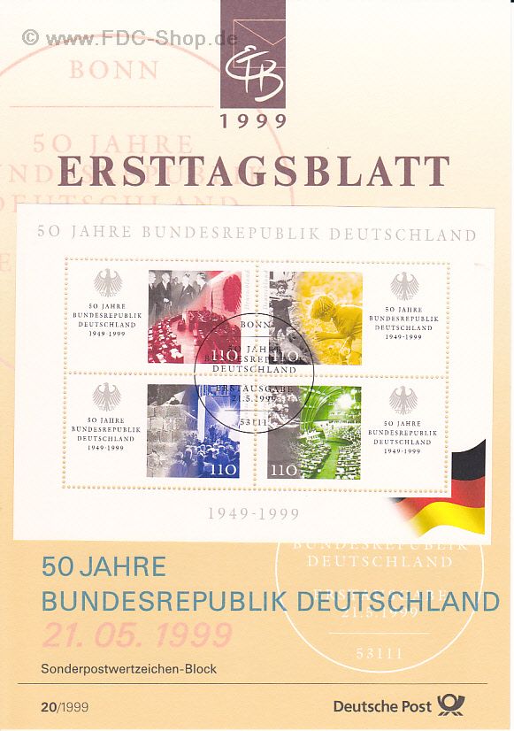 Ersttagsblatt BUND (20/1999) Mi-Nr: 2051-2054, 50 Jahre Bundesrepublik Deutschland (Block 49)