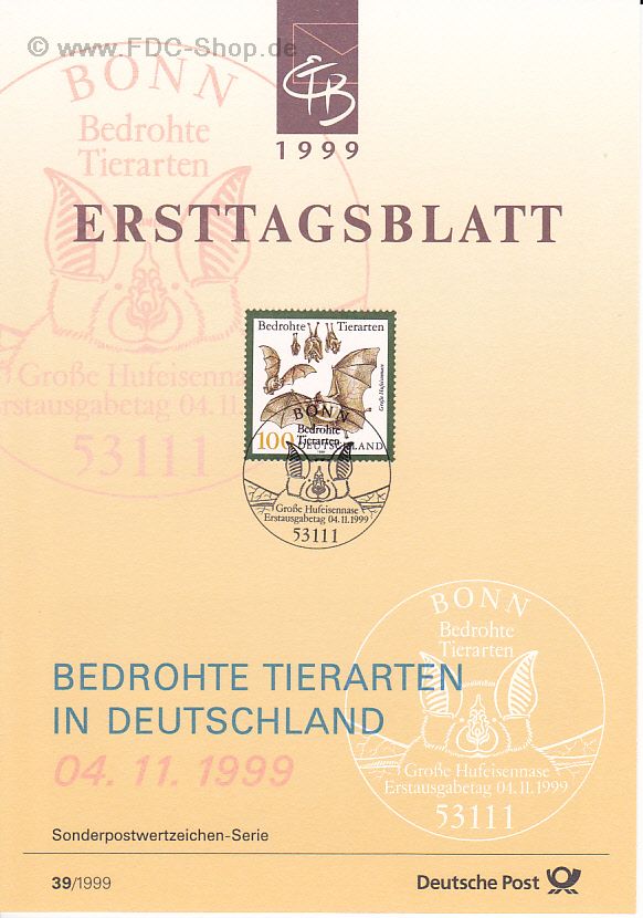 Ersttagsblatt BUND (39/1999) Mi-Nr: 2086, Bedrohte Tierarten: Große Hufeisennase
