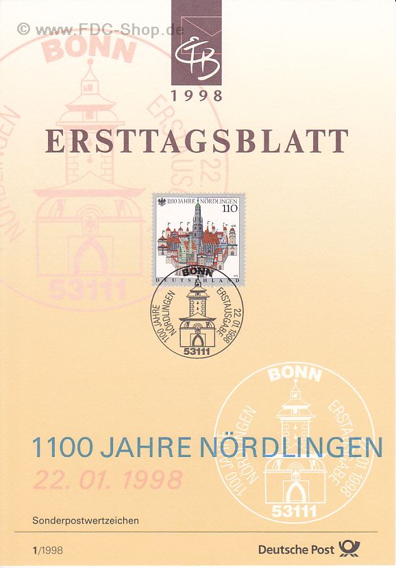 Ersttagsblatt BUND (01/1998) Mi-Nr: 1965, 1100 Jahre Nördlingen