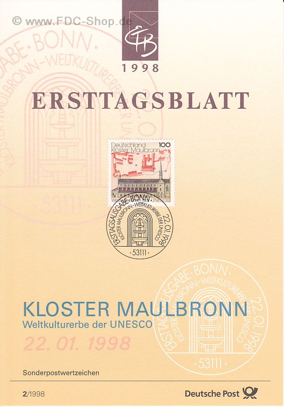 Ersttagsblatt BUND (02/1998) Mi-Nr: 1966, Kultur- und Naturerbe der Menschheit; Kloster Maulbronn