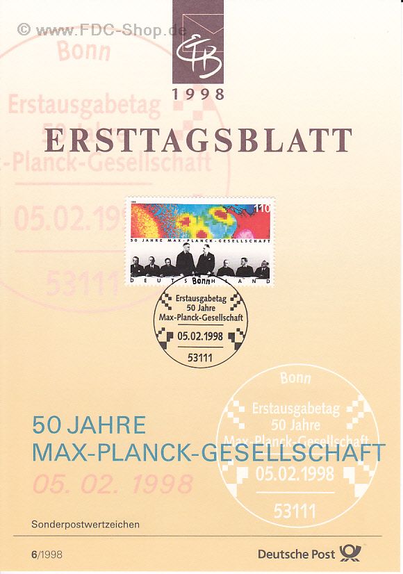 Ersttagsblatt BUND (06/1998) Mi-Nr: 1973, 50 Jahre Max-Planck-Gesellschaft zur Förderung der Wissenschaft e.V.