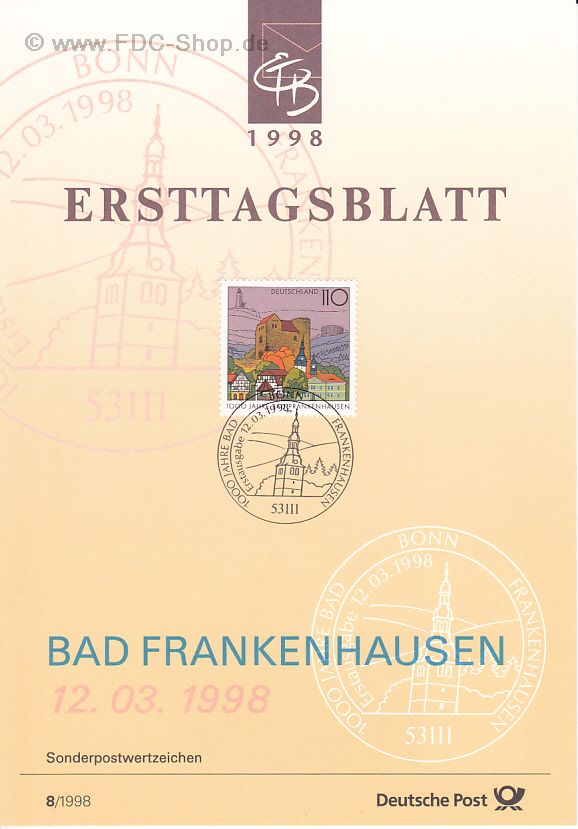 Ersttagsblatt BUND (08/1998) Mi-Nr: 1978, 1000 Jahre Bad Frankenhausen
