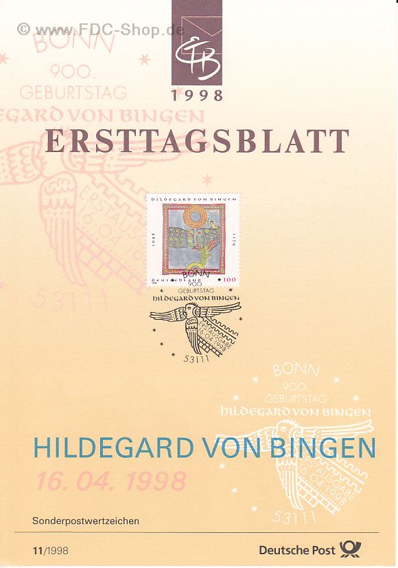 Ersttagsblatt BUND (11/1998) Mi-Nr: 1981, 900. Geburtstag von Hildegard von Bingen