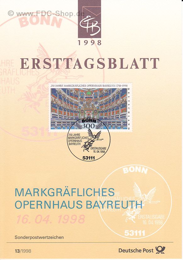 Ersttagsblatt BUND (13/1998) Mi-Nr: 1983, 250 Jahre Markgräfliches Opernhaus Bayreuth