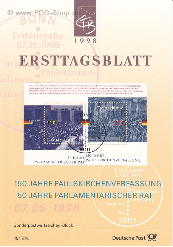 Ersttagsblatt BUND (15/1998) Mi-Nr: 1986-1987, 50 Jahre Parlamentarischer Rat, 150 Jahre Paulskirchenverfassung (Block 43)