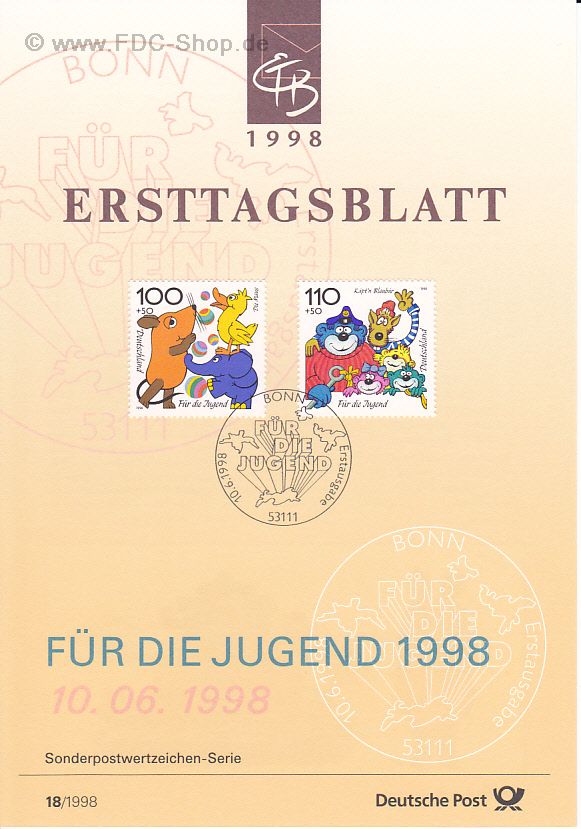 Ersttagsblatt BUND (18/1998) Mi-Nr: 1990+1993, Jugend: Trickfilmfiguren