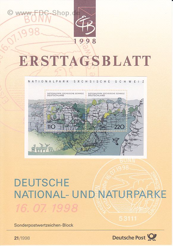 Ersttagsblatt BUND (21/1998) Mi-Nr: 1997-1998, Deutsche National- und Naturparks - Nationalpark Sächsische Schweiz (Block 44)