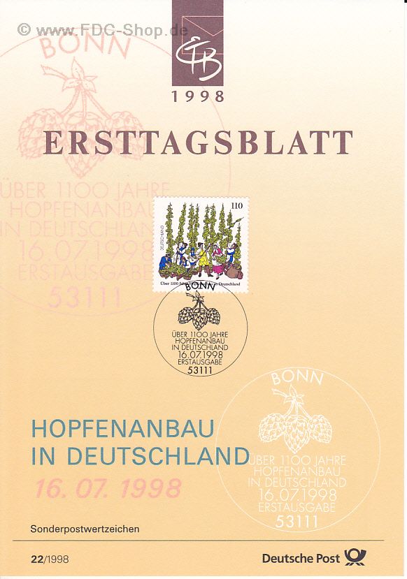 Ersttagsblatt BUND (22/1998) Mi-Nr: 1999, 100 Jahre Hopfenanbau in Deutschland