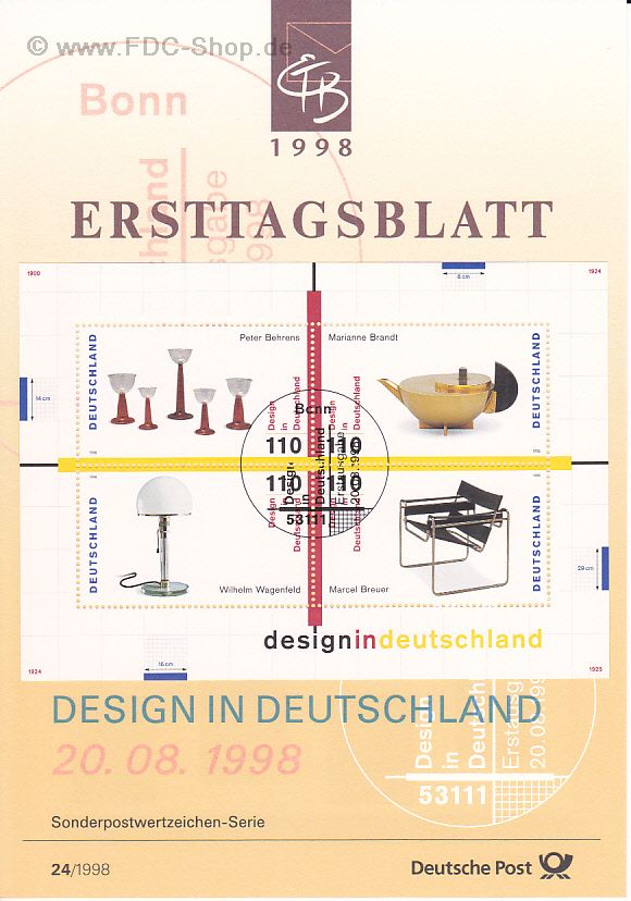 Ersttagsblatt BUND (24/1998) Mi-Nr: 2001-2004, Design in Deutschland (Block 45)