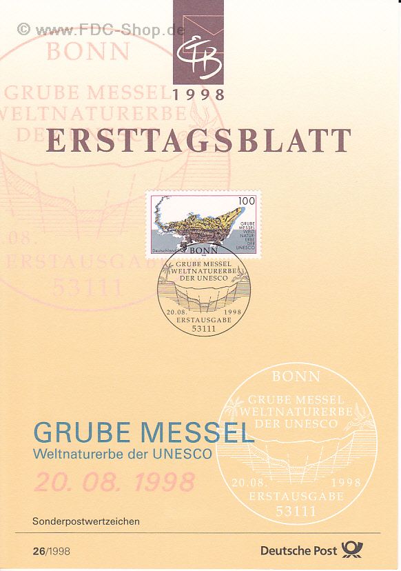 Ersttagsblatt BUND (26/1998) Mi-Nr: 2006, Kultur- und Naturerbe der Menschheit; Fossiles Krokodil