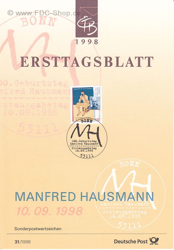 Ersttagsblatt BUND (31/1998) Mi-Nr: 2012, 100. Geburtstag von Manfred Hausmann