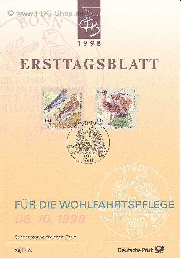 Ersttagsblatt BUND (34/1998) Mi-Nr: 2015-2016, Wohlfahrt: Bedrohte Vogelarten