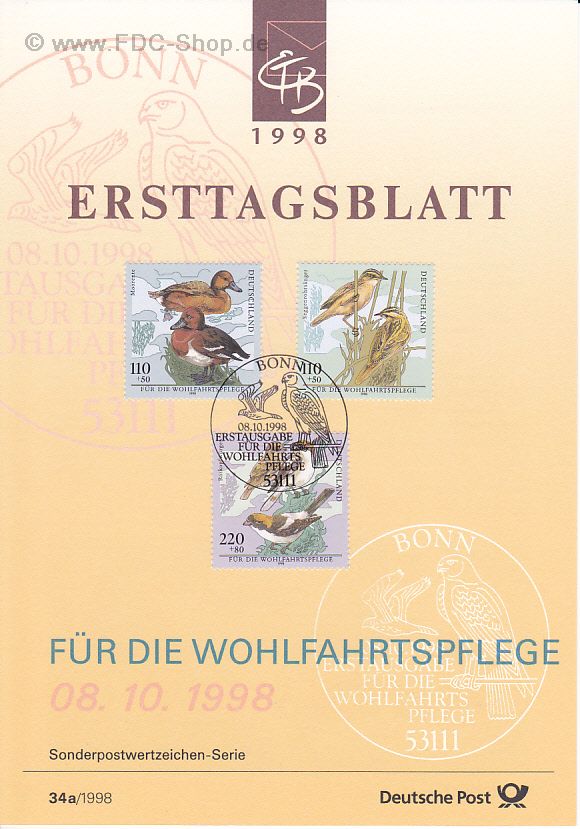 Ersttagsblatt BUND (34a/1998) Mi-Nr: 2017-2019, Wohlfahrt: Bedrohte Vogelarten