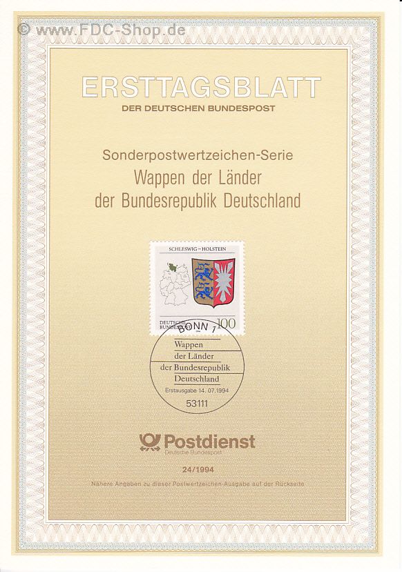 Ersttagsblatt BUND (24/1994) Mi-Nr: 1715, Wappen der Länder der Bundesrepublik Deutschland: Schleswig-Hollstein
