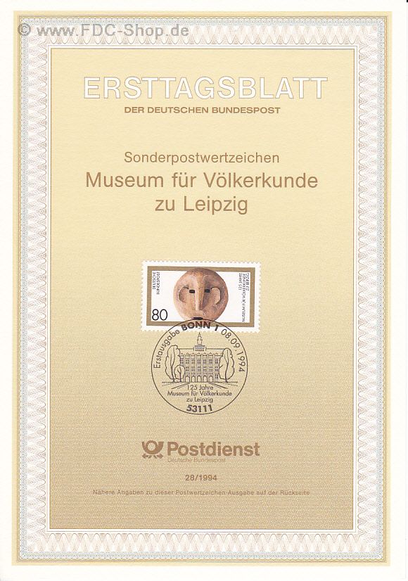 Ersttagsblatt BUND (28/1994) Mi-Nr: 1751, 125 Jahre Museum für Völkerkunde, Leipzig