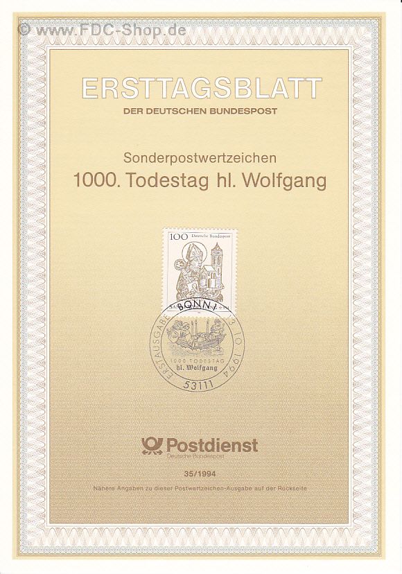 Ersttagsblatt BUND (35/1994) Mi-Nr: 1762, 1000. Todestag des hl. Wolfgang