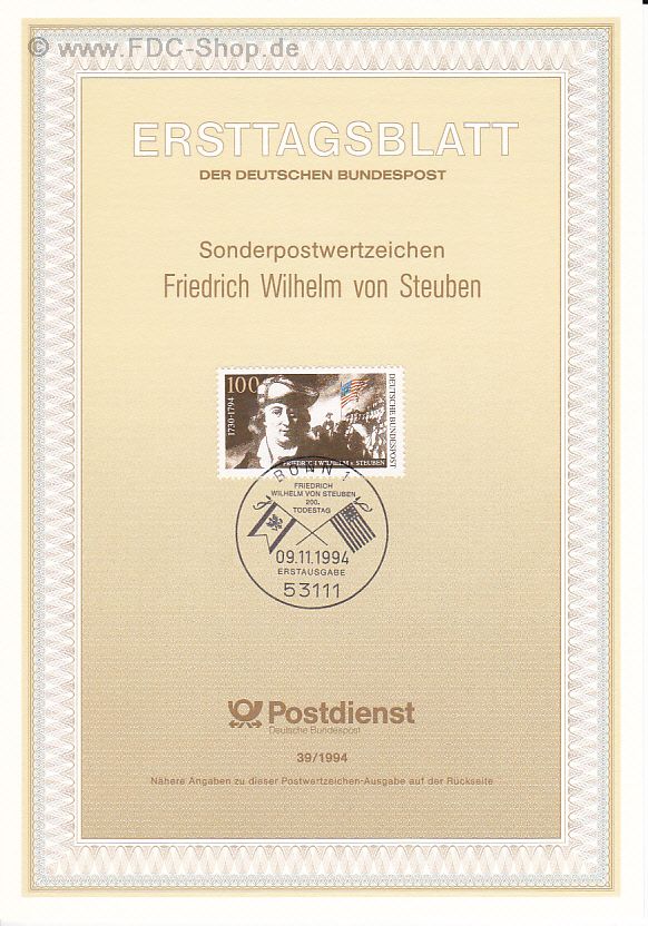 Ersttagsblatt BUND (39/1994) Mi-Nr: 1766, 200. Todestag von Friedrich Wilhelm von Steuben