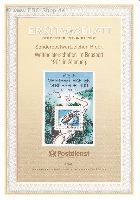 Ersttagsblatt BUND (08/1991) Mi-Nr: 1496, Weltmeisterschaften im Bobsport, Altenberg (Block 23)