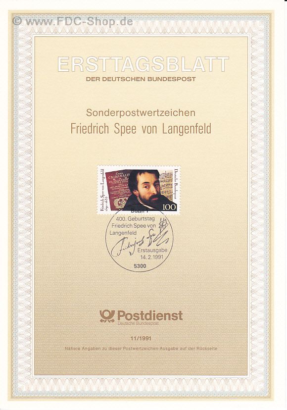 Ersttagsblatt BUND (11/1991) Mi-Nr: 1503, 400. Geburtstag von Friedrich Spee von Langenfeld