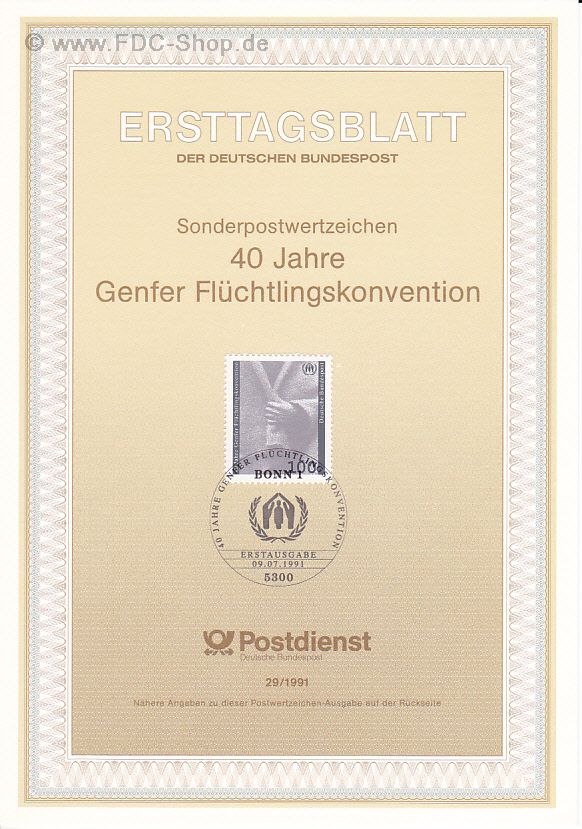 Ersttagsblatt BUND (29/1991) Mi-Nr: 1544, 40 Jahre Genfer Flüchtlingskonvention