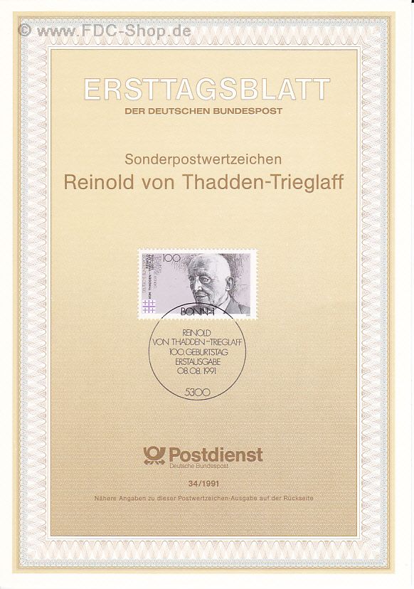 Ersttagsblatt BUND (34/1991) Mi-Nr: 1556, 100. Geburtstag von Reinold von Thadden-Trieglaff