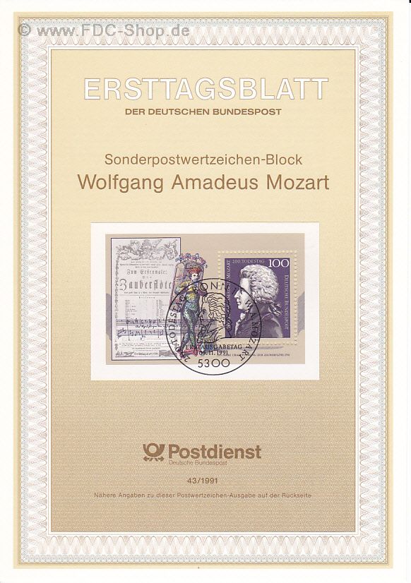 Ersttagsblatt BUND (43/1991) Mi-Nr: 1571, 200. Todestag von Wolfgang Amadeus Mozart (Block 26)