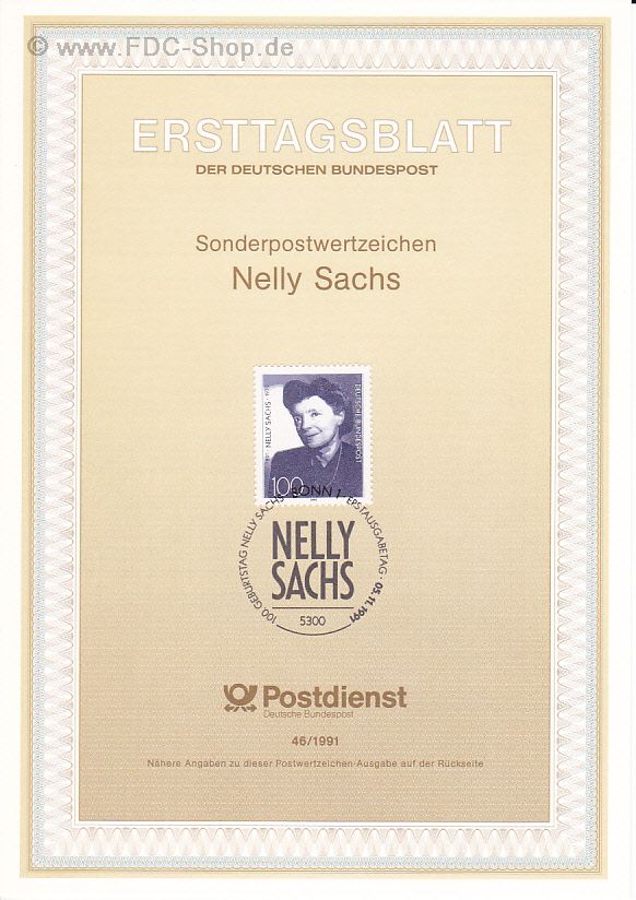 Ersttagsblatt BUND (46/1991) Mi-Nr: 1575, 100. Geburtstag von Nelly Sachs