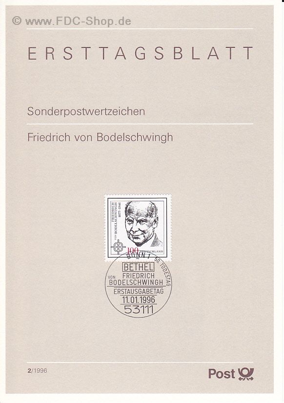 Ersttagsblatt BUND (02/1996) Mi-Nr: 1835, 50. Todestag von Friedrich von Bodelschwingh