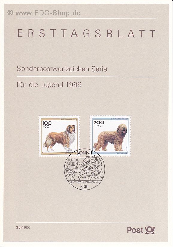Ersttagsblatt BUND (03a/1996) Mi-Nr: 1839-1840, Jugend: Hunderassen